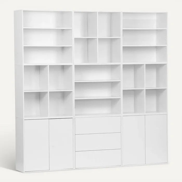 **Technische titel in het Nederlands: Ruimtebesparende witte boekenplank met lades en open vakken**