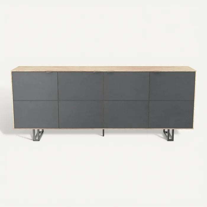 **Moderne Opbergkast met Houten Blad en Grijze Deuren**