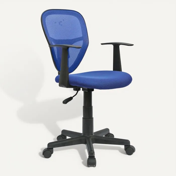 **Technische titel in het Nederlands: Ergonomische blauwe bureaustoel met verstelbare armleuningen**